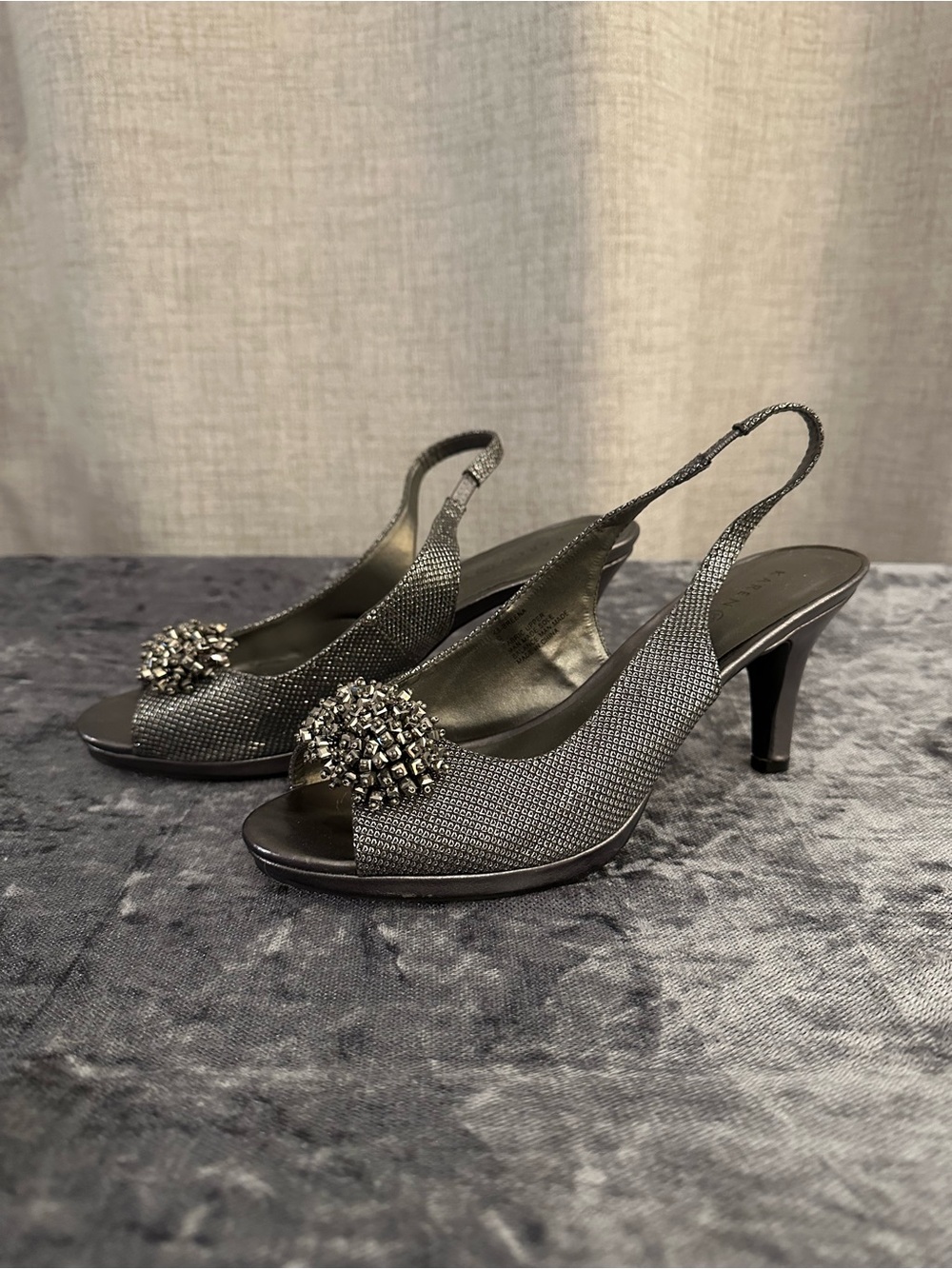Karen Scott Silver Slingback Peep-Toe Heels with Jeweled Pom